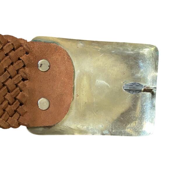 Vintage Woven Leather Belt Adjustable to 36” Large Engraved Silver Tone Buckle main image 6